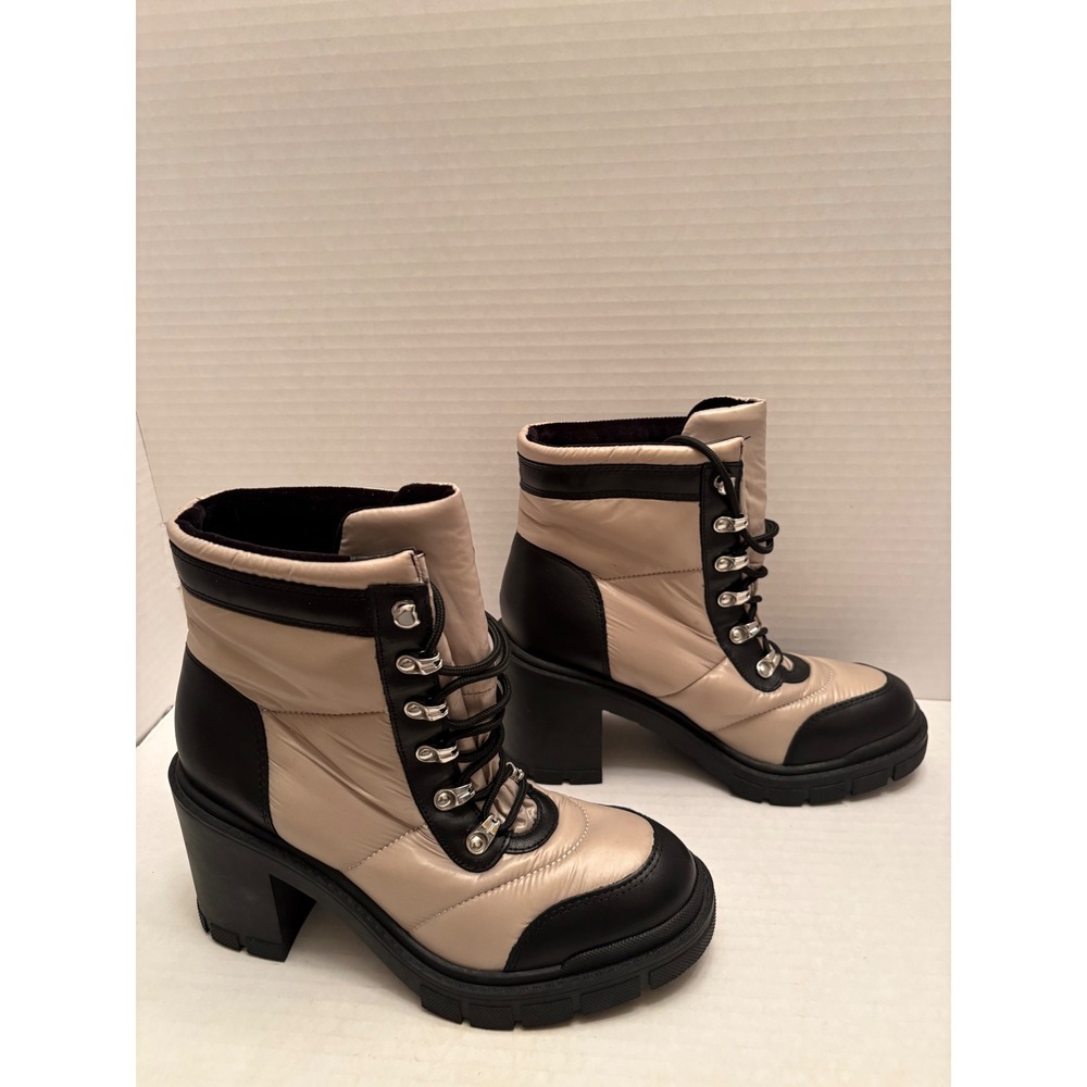 Marc Fisher LTD Vaina2 Beige Black Quilted Puffer Leather Lug Sole Boots 8M - Picture 2 of 10